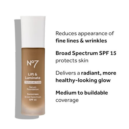 No7 Lift & Luminate Triple Action Serum Foundation - Cool Ivory - Radiant Liquid Makeup with SPF 15 for Mature Skin