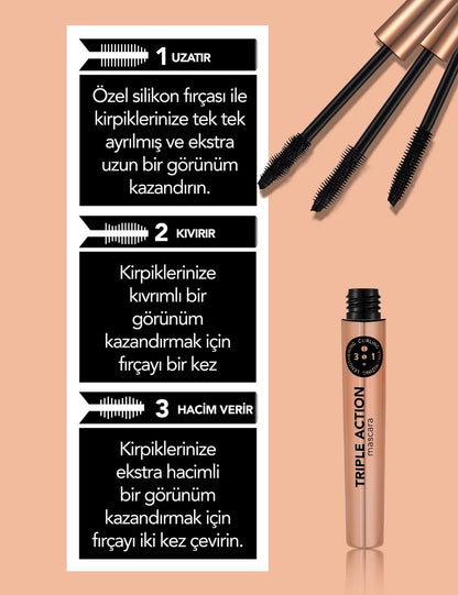 FLORMAR Triple Action Mascara – Intense Black Volume, Length & Curl