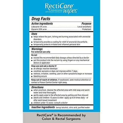 RectiCare Medicated Anorectal Wipes – Maximum Strength Topical Numbing – 5% Lidocaine & Glycerin – 12 Pack Avelisse
