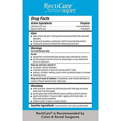 RectiCare Medicated Anorectal Wipes – Maximum Strength Topical Numbing – 5% Lidocaine & Glycerin – 12 Pack Avelisse