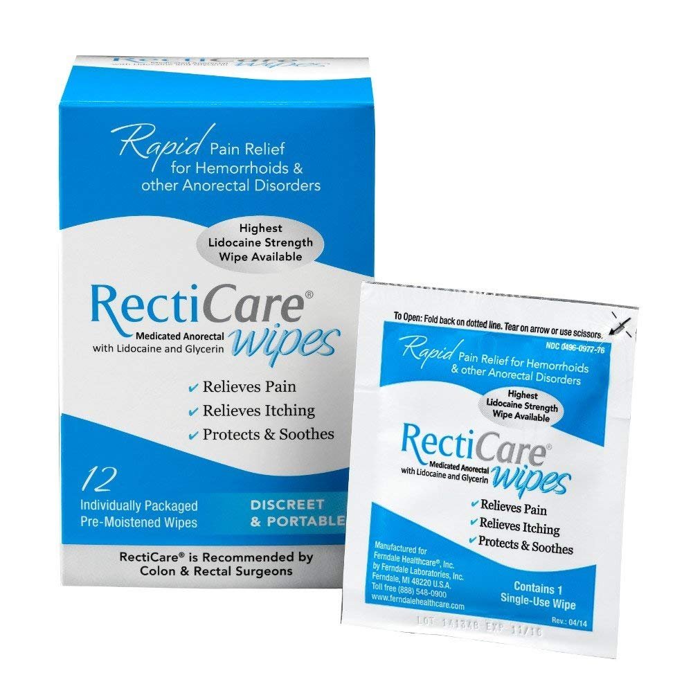RectiCare Medicated Anorectal Wipes – Maximum Strength Topical Numbing – 5% Lidocaine & Glycerin – 12 Pack Avelisse