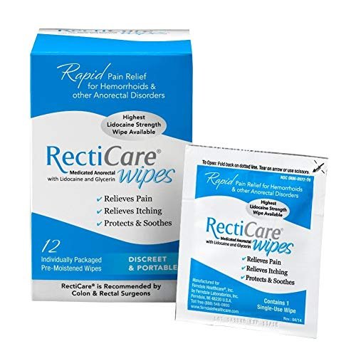 RectiCare Medicated Anorectal Wipes – Maximum Strength Topical Numbing – 5% Lidocaine & Glycerin – 12 Pack Avelisse