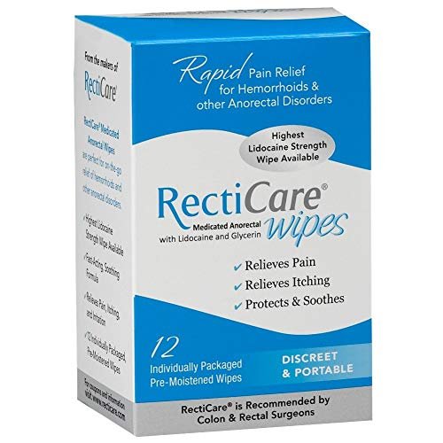 RectiCare Medicated Anorectal Wipes – Maximum Strength Topical Numbing – 5% Lidocaine & Glycerin – 12 Pack Avelisse