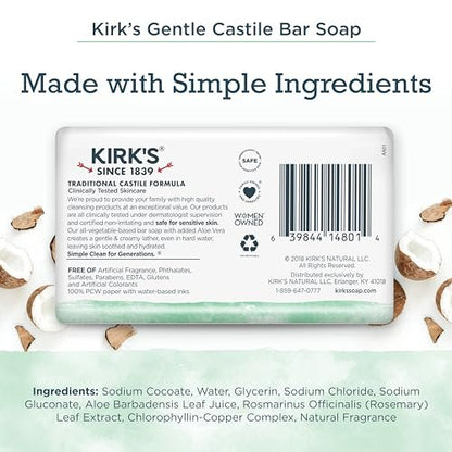 Kirk's Gentle Castile Soap - Soothing Aloe Vera, 4 Ounce Bars (Pack of 3)
