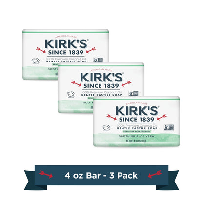 Kirk's Gentle Castile Soap - Soothing Aloe Vera, 4 Ounce Bars (Pack of 3)