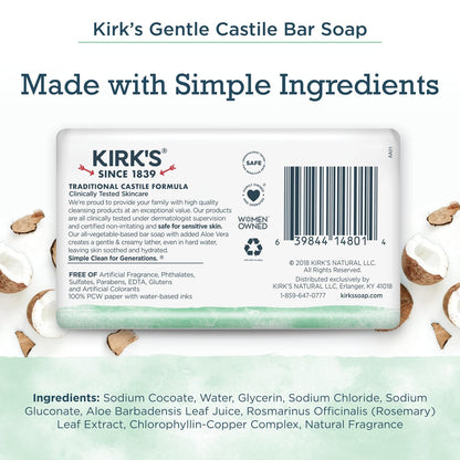 Kirk's Gentle Castile Soap - Soothing Aloe Vera, 4 Ounce Bars (Pack of 3)