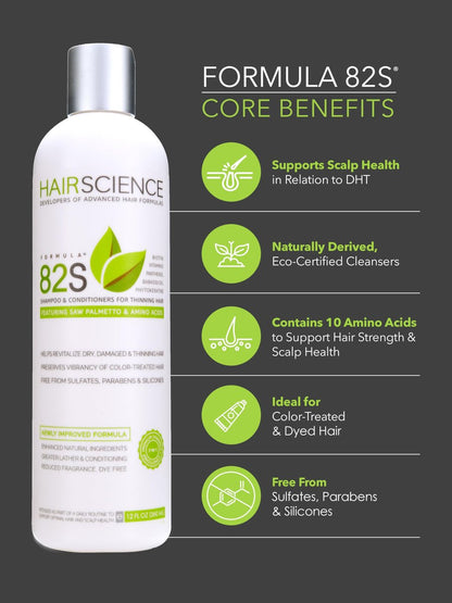 Hair Science Formula 82S Scalp & Hair Health Shampoo - Saw Palmetto & Biotin for Volume, Strength & Thinning Concerns - Sulfate-Free - 12 oz Avelisse