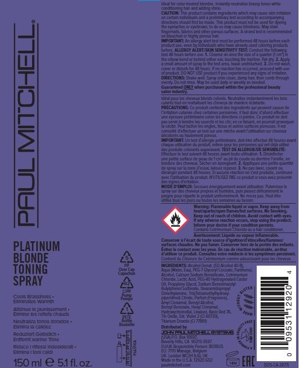 Paul Mitchell Platinum Blonde Purple Toning Spray - 5.1 oz - Neutralizes Brassiness for Blonde & Light Hair Avelisse