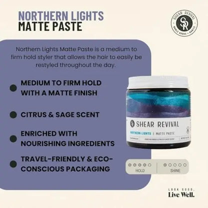 Shear Revival Northern Lights Matte Paste Pomade - Firm Hold, Natural Finish for All Hair Types, 3.4 oz Avelisse