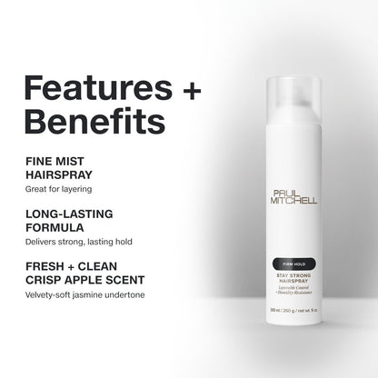 Paul Mitchell Stay Strong Hairspray - Layerable Control & Humidity Resistance for All Hair Types - 9 oz Avelisse