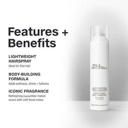 Paul Mitchell Super Clean Light Hairspray - Fast Drying, Soft Hold & Natural Finish for Fine Hair, 9.5 oz