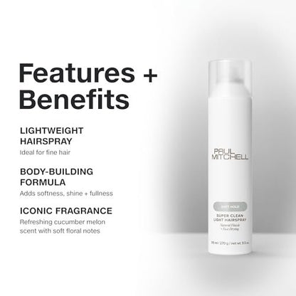 Paul Mitchell Super Clean Light Hairspray - Fast Drying, Soft Hold & Natural Finish for Fine Hair, 9.5 oz