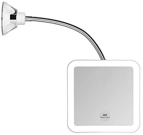 JiBen Square Flexible Gooseneck LED Lighted 10X Magnifying Makeup Mirror with Power Locking Suction Cup, Bright Diffused Light, 360 Degree Swivel, Portable Cordless Travel and Home Bathroom Vanity Mirror (White) Avelisse