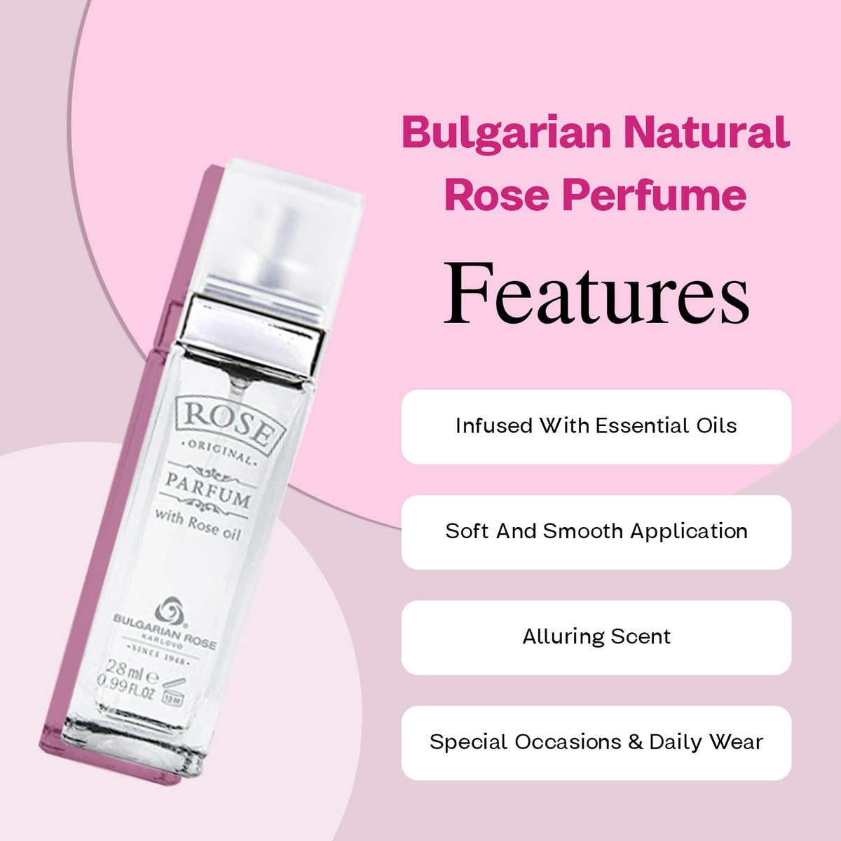 Original Bulgarian Rose Perfume - Natural Eau de Parfum - Long Lasting Freshness - Paraben Free - Unisex Fragrance - 28ml Avelisse