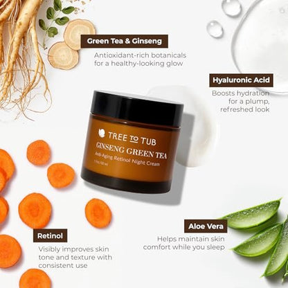 Tree To Tub Retinol Anti Aging Face Moisturizer for Dry & Sensitive Skin - Anti Wrinkle Hyaluronic Acid Facial Moisturizer, Vitamin A & E Night Cream with Organic Aloe & Natural Ginseng