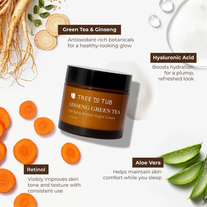 Tree To Tub Retinol Anti Aging Face Moisturizer for Dry & Sensitive Skin - Anti Wrinkle Hyaluronic Acid Facial Moisturizer, Vitamin A & E Night Cream with Organic Aloe & Natural Ginseng
