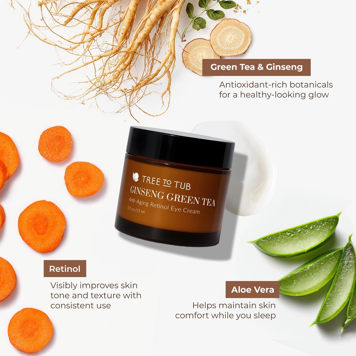 Tree To Tub Retinol Under Eye Cream for Dark Circles, Puffiness, Wrinkles, Bags Under Eyes - Sensitive Skin Night Eye Moisturizer with Hyaluronic Acid, Organic Green Tea, Natural Ginseng - görsel 9