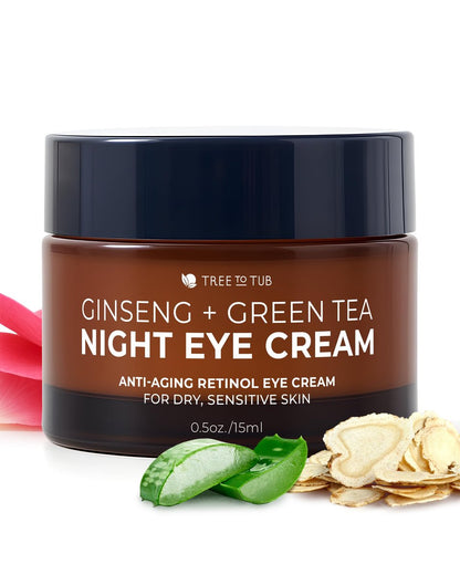 Tree To Tub Retinol Under Eye Cream for Dark Circles, Puffiness, Wrinkles, Bags Under Eyes - Sensitive Skin Night Eye Moisturizer with Hyaluronic Acid, Organic Green Tea, Natural Ginseng