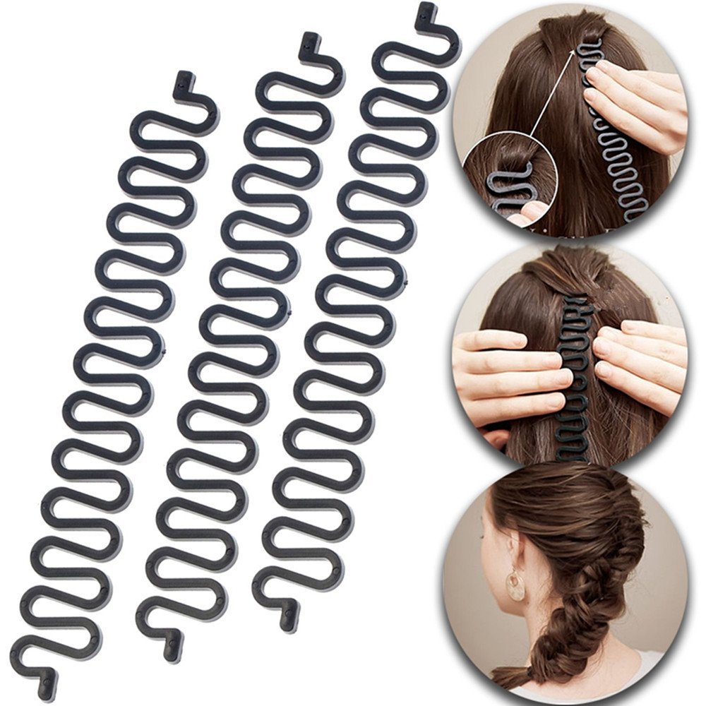 3-Pack Hair Braiding Tool Roller with Hook – Magic Twist Styling Bun Maker, DIY Hair Accessories (Black) - görsel 1