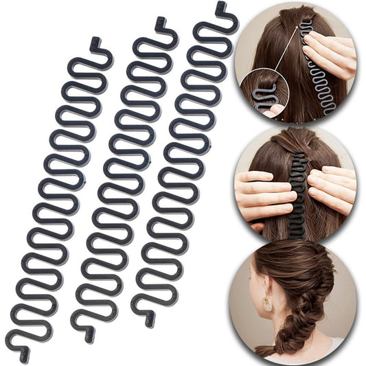 3-Pack Hair Braiding Tool Roller with Hook – Magic Twist Styling Bun Maker, DIY Hair Accessories (Black)