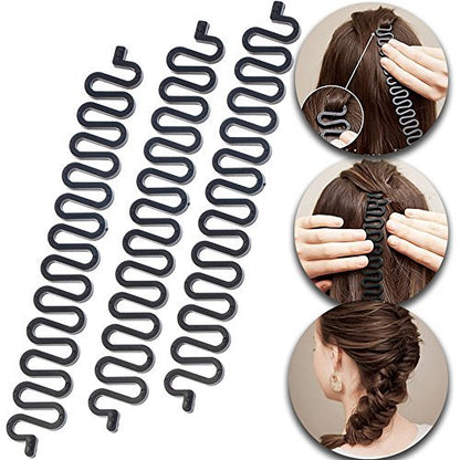 3-Pack Hair Braiding Tool Roller with Hook – Magic Twist Styling Bun Maker, DIY Hair Accessories (Black)
