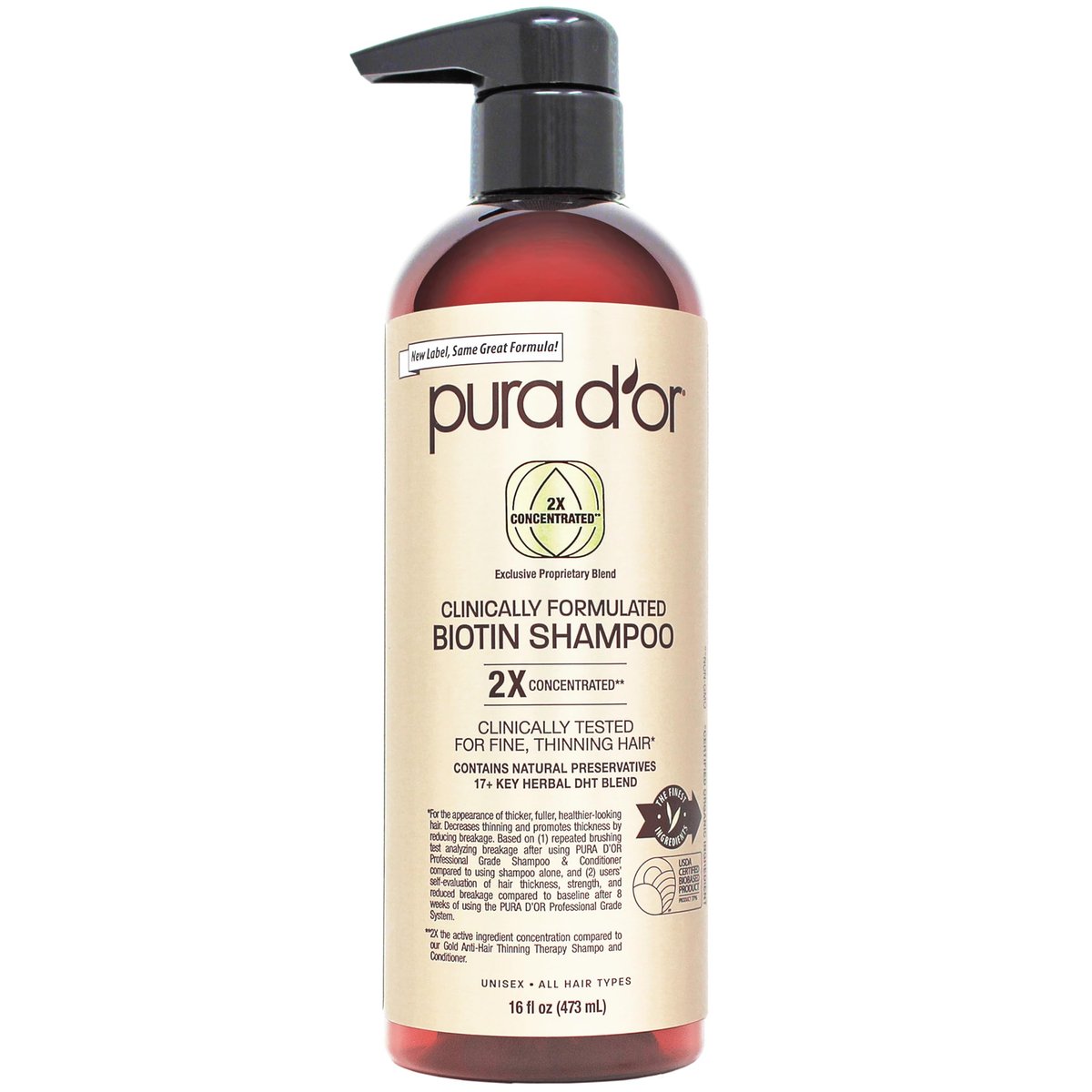 PURA D'OR 16 Oz Biotin Shampoo for Thinning Hair - Clinically Formulated, 2X Concentrated with 17+ Herbal Blend for Women and Men Avelisse