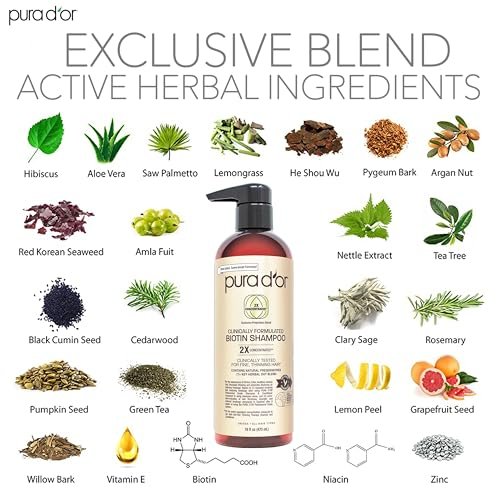 PURA D'OR 16 Oz Biotin Shampoo for Thinning Hair - Clinically Formulated, 2X Concentrated with 17+ Herbal Blend for Women and Men Avelisse