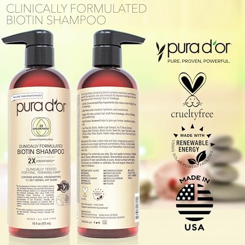 PURA D'OR 16 Oz Biotin Shampoo for Thinning Hair - Clinically Formulated, 2X Concentrated with 17+ Herbal Blend for Women and Men Avelisse