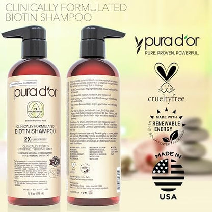 PURA D'OR 16 Oz Biotin Shampoo for Thinning Hair - Clinically Formulated, 2X Concentrated with 17+ Herbal Blend for Women and Men Avelisse