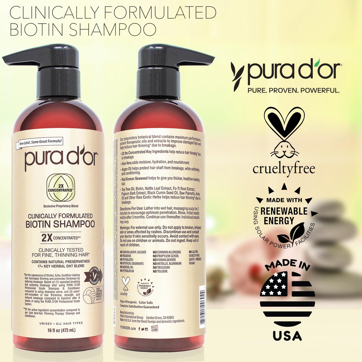 PURA D'OR 16 Oz Biotin Shampoo for Thinning Hair - Clinically Formulated, 2X Concentrated with 17+ Herbal Blend for Women and Men Avelisse