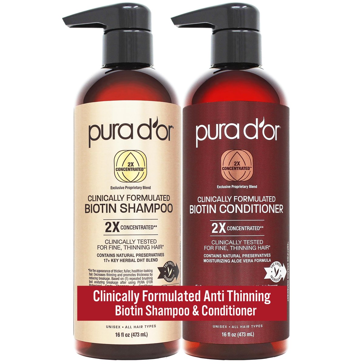 PURA D'OR Clinically Formulated Biotin Shampoo & Conditioner for Hair Thinning - 2X Concentrated Herbal Blend, Sulfate Free, 16 oz Each (Pack of 2) Avelisse