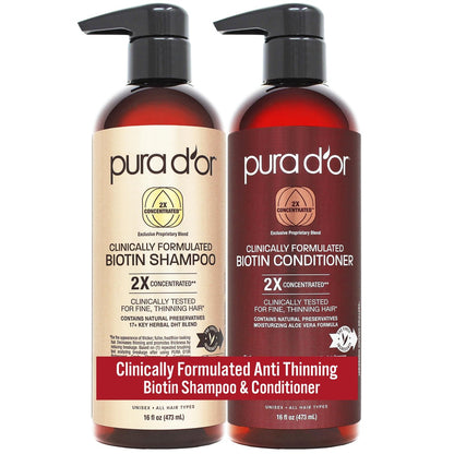 PURA D'OR Clinically Formulated Biotin Shampoo & Conditioner for Hair Thinning - 2X Concentrated Herbal Blend, Sulfate Free, 16 oz Each (Pack of 2) Avelisse