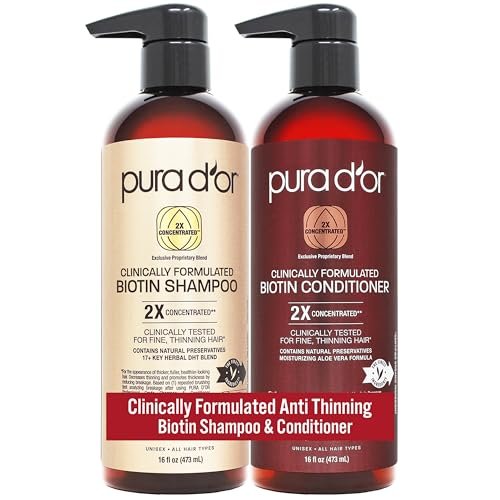 PURA D'OR Clinically Formulated Biotin Shampoo & Conditioner for Hair Thinning - 2X Concentrated Herbal Blend, Sulfate Free, 16 oz Each (Pack of 2) Avelisse
