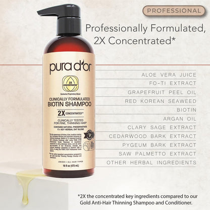 PURA D'OR Clinically Formulated Biotin Shampoo & Conditioner for Hair Thinning - 2X Concentrated Herbal Blend, Sulfate Free, 16 oz Each (Pack of 2) Avelisse