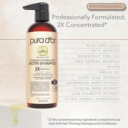 PURA D'OR Clinically Formulated Biotin Shampoo & Conditioner for Hair Thinning - 2X Concentrated Herbal Blend, Sulfate Free, 16 oz Each (Pack of 2) Avelisse