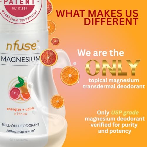 Nfuse Magnesium Roll-On Deodorant - Natural, Aluminum-Free with Patented Magnesium Delivery Technology and Citrus Essential Oils, 2.7 oz Avelisse