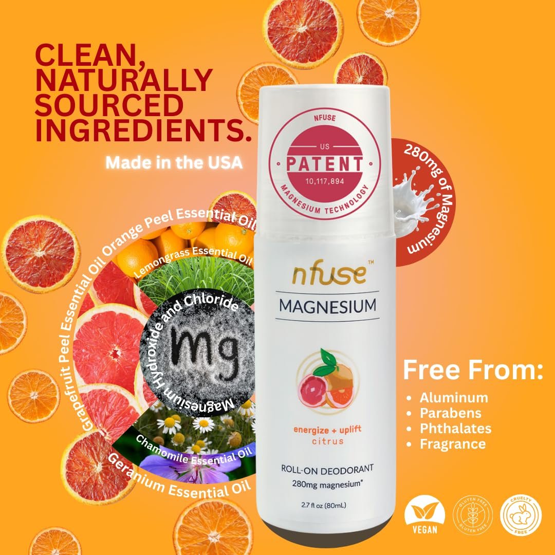 Nfuse Magnesium Roll-On Deodorant - Natural, Aluminum-Free with Patented Magnesium Delivery Technology and Citrus Essential Oils, 2.7 oz Avelisse
