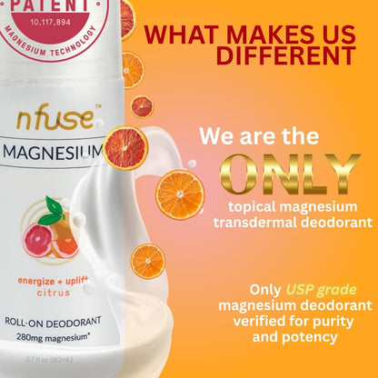 Nfuse Magnesium Roll-On Deodorant - Natural, Aluminum-Free with Patented Magnesium Delivery Technology and Citrus Essential Oils, 2.7 oz Avelisse