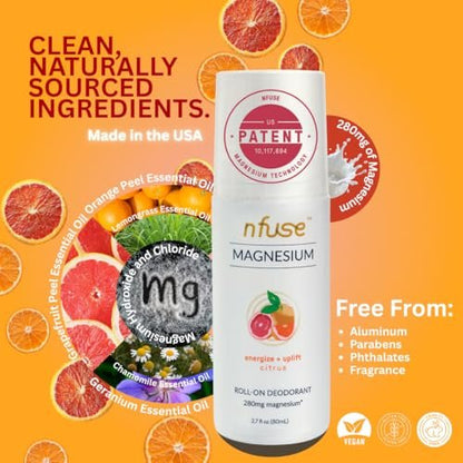 Nfuse Magnesium Roll-On Deodorant - Natural, Aluminum-Free with Patented Magnesium Delivery Technology and Citrus Essential Oils, 2.7 oz Avelisse