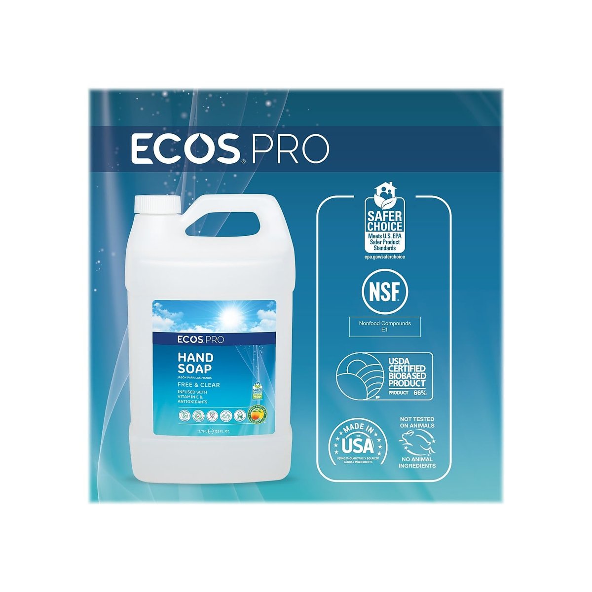 ECOS PRO Liquid Hand Soap, Free & Clean Scent, 1 Gallon Bottle - 128 Fl Oz Avelisse