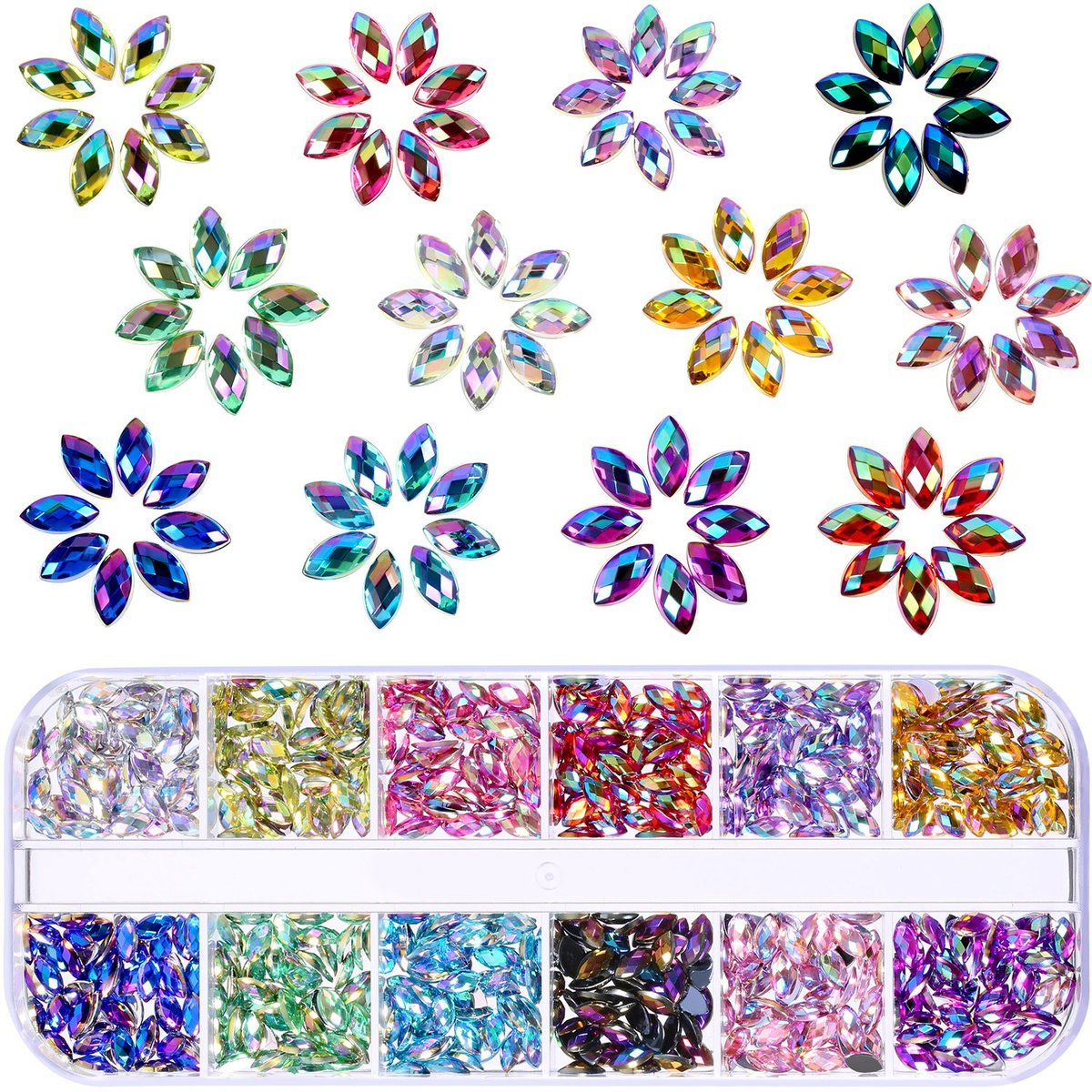 TecUnite 1200 Pieces 12 Colors Shiny Nail Rhinestones Flat Back Gems for Crafts, Nail Art, and Party Decorations Avelisse