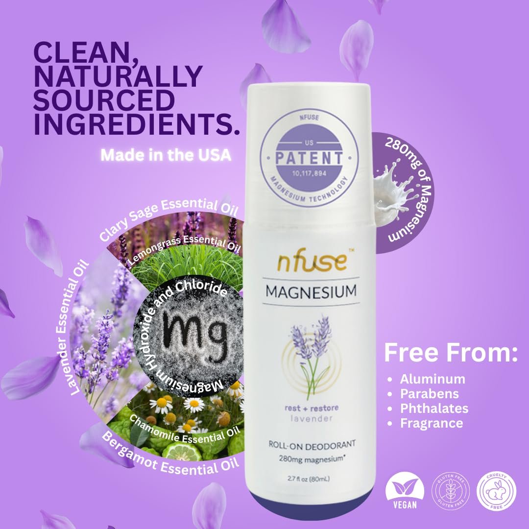 nfuse Magnesium Roll-On Deodorant – Natural, Aluminum-Free, Patented Magnesium Delivery, Lavender Essential Oils (Relax and Restore), 2.7 oz Avelisse