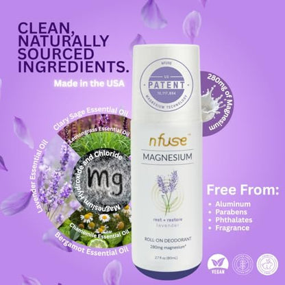 nfuse Magnesium Roll-On Deodorant – Natural, Aluminum-Free, Patented Magnesium Delivery, Lavender Essential Oils (Relax and Restore), 2.7 oz Avelisse