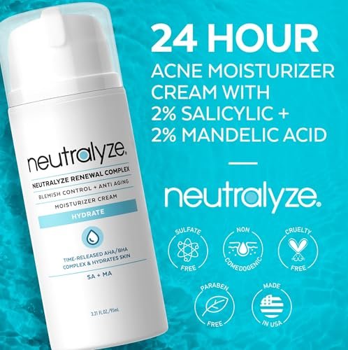 Neutralyze Renewal Complex Acne Moisturizer for Face - Maximum Strength, Time Released 2% Mandelic Acid & 2% Salicylic Acid Acne Treatment Cream - Suitable for All Skin Types, Teens & Adults Avelisse