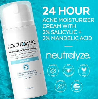 Neutralyze Renewal Complex Acne Moisturizer for Face - Maximum Strength, Time Released 2% Mandelic Acid & 2% Salicylic Acid Acne Treatment Cream - Suitable for All Skin Types, Teens & Adults Avelisse