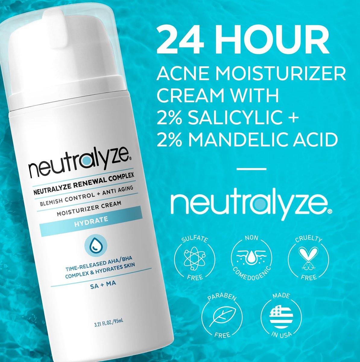 Neutralyze Renewal Complex Acne Moisturizer for Face - Maximum Strength, Time Released 2% Mandelic Acid & 2% Salicylic Acid Acne Treatment Cream - Suitable for All Skin Types, Teens & Adults Avelisse