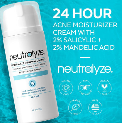 Neutralyze Renewal Complex Acne Moisturizer for Face - Maximum Strength, Time Released 2% Mandelic Acid & 2% Salicylic Acid Acne Treatment Cream - Suitable for All Skin Types, Teens & Adults Avelisse