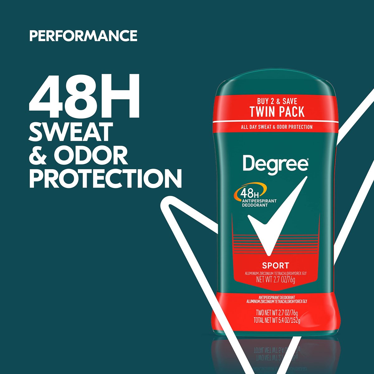 Degree Men Original Protection Antiperspirant Deodorant Sport Twin Pack – 48-Hour Sweat & Odor Control, 2.7 oz (Pack of 2) - görsel 6