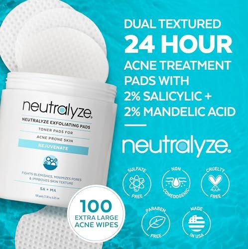 Neutralyze Exfoliating Acne Treatment Wipes - Maximum Strength Textured Acne Pads with Mandelic Acid & Salicylic Acid for Face & Body - All Skin Types, Teens & Adults (100 Wipes) Avelisse