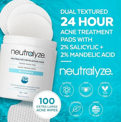 Neutralyze Exfoliating Acne Treatment Wipes - Maximum Strength Textured Acne Pads with Mandelic Acid & Salicylic Acid for Face & Body - All Skin Types, Teens & Adults (100 Wipes) Avelisse